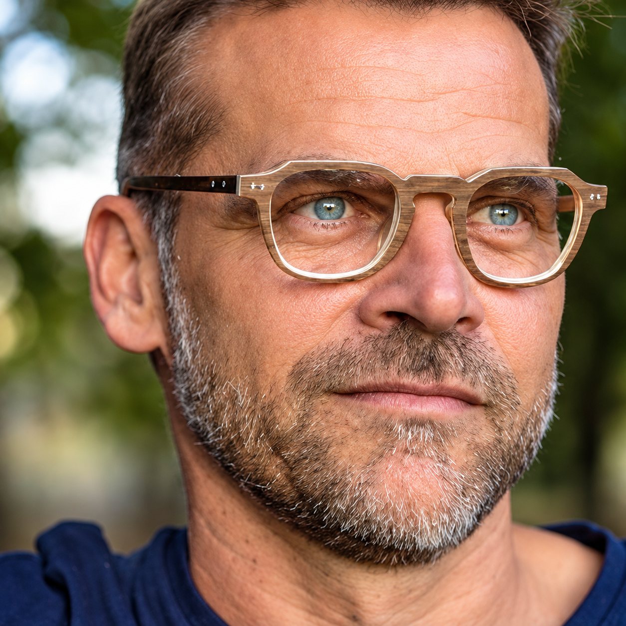 Homme portant une monture en bois et en corne.