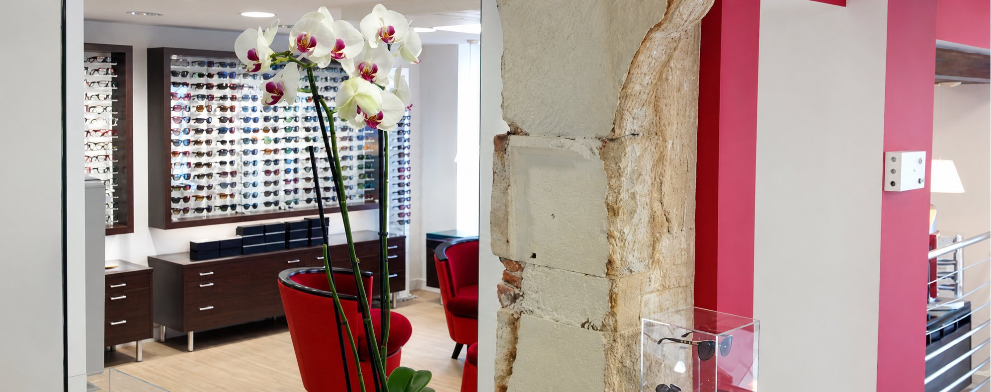 Intérieur lumineux d'un magasin d'optique avec une orchidée blanche au premier plan, des fauteuils rouges et des présentoirs de lunettes de soleil au fond.