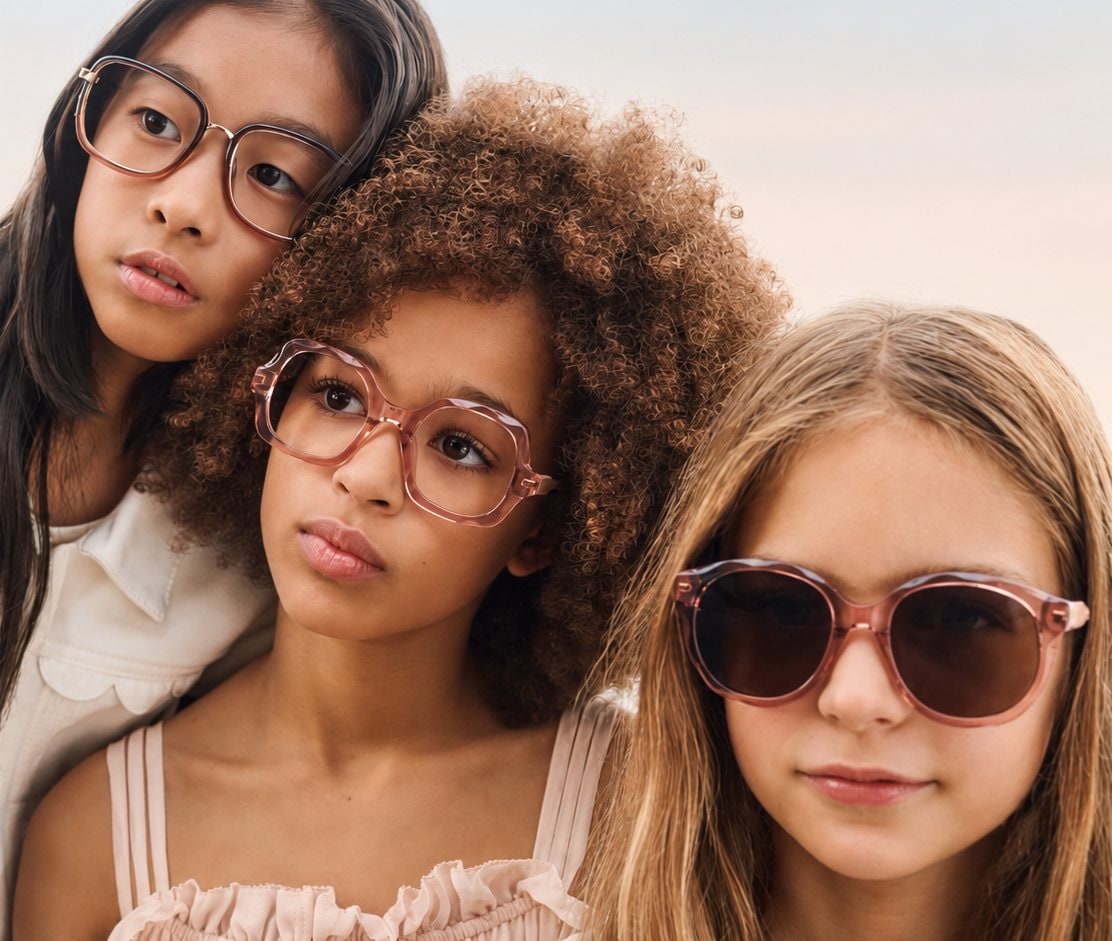 Trois filles portant des lunettes pour enfants.